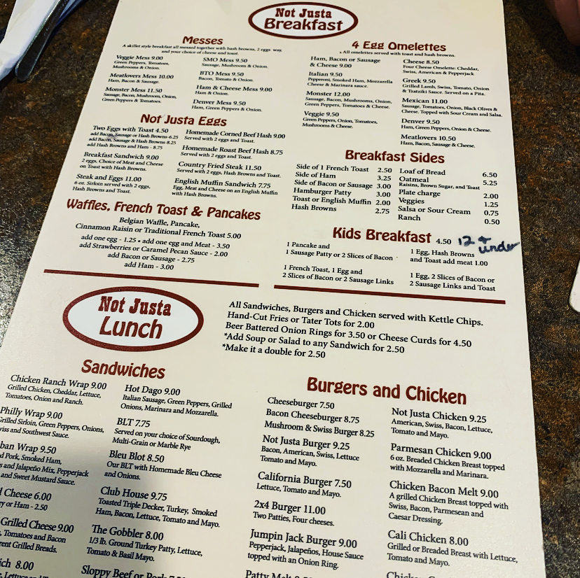 Not Justa Cafe Not Justa Bar Menu